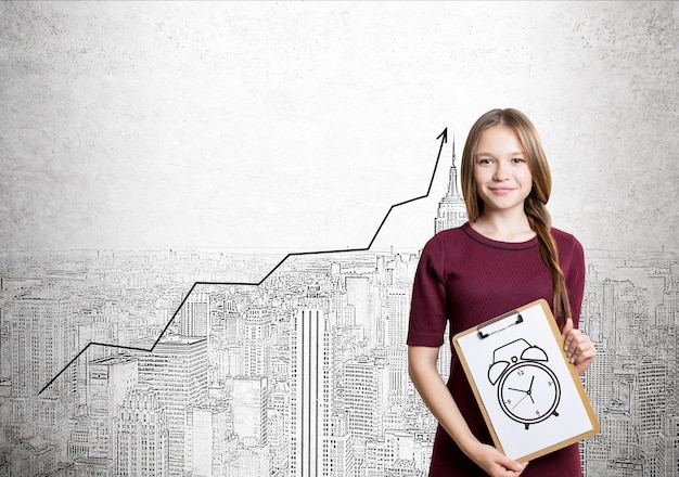 jeune femme, à, réveille-matin, croquis