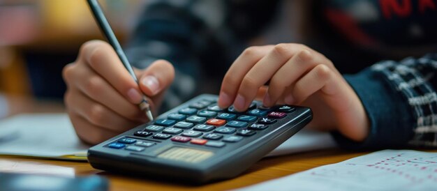 Les mains d'une personne utilisant une calculatrice et un stylo