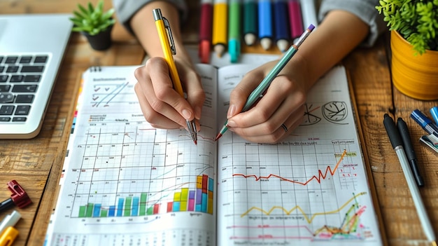 une personne écrit sur un bloc-notes avec un graphique dessus