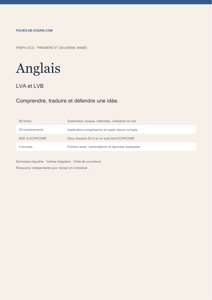 Couverture du dossier d’anglais ECG LVA et LVB : 96 fiches et 20 entraînements