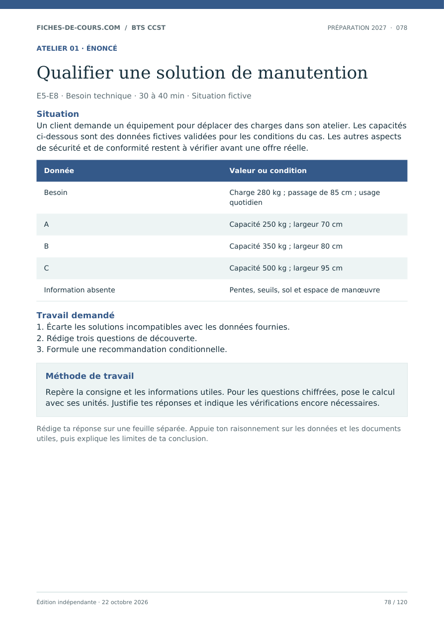 BTS CCST 2027. L’atelier : qualifier une solution de manutention.