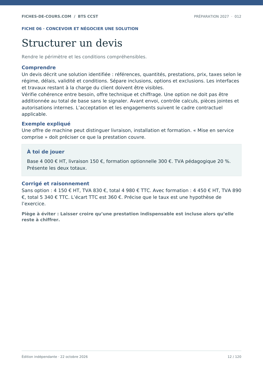 BTS CCST 2027. La fiche : structurer un devis.