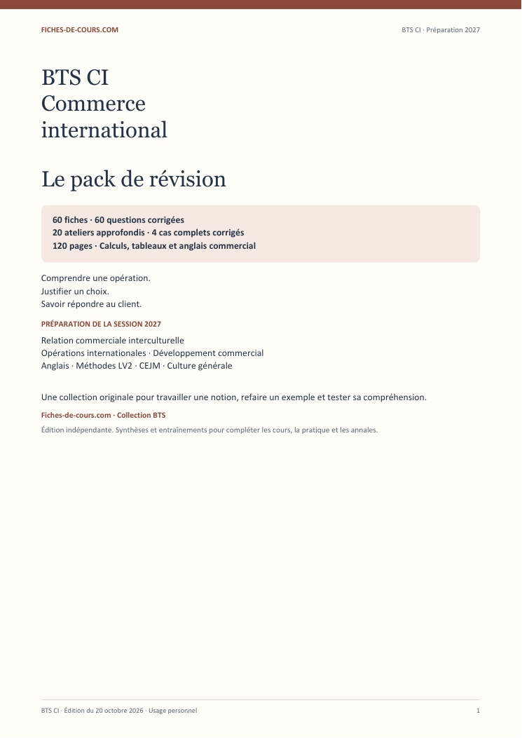 Couverture du pack BTS Commerce international : 60 fiches et 4 cas corrigés