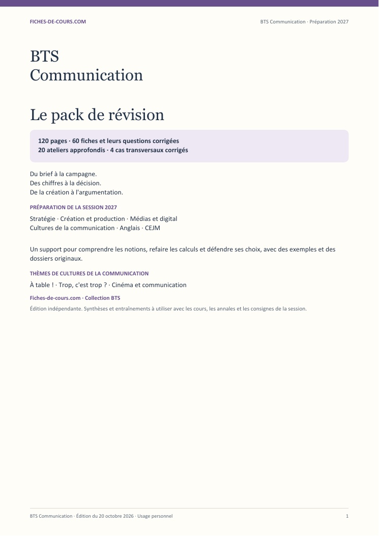 Couverture du pack BTS Communication 2027 de 120 pages