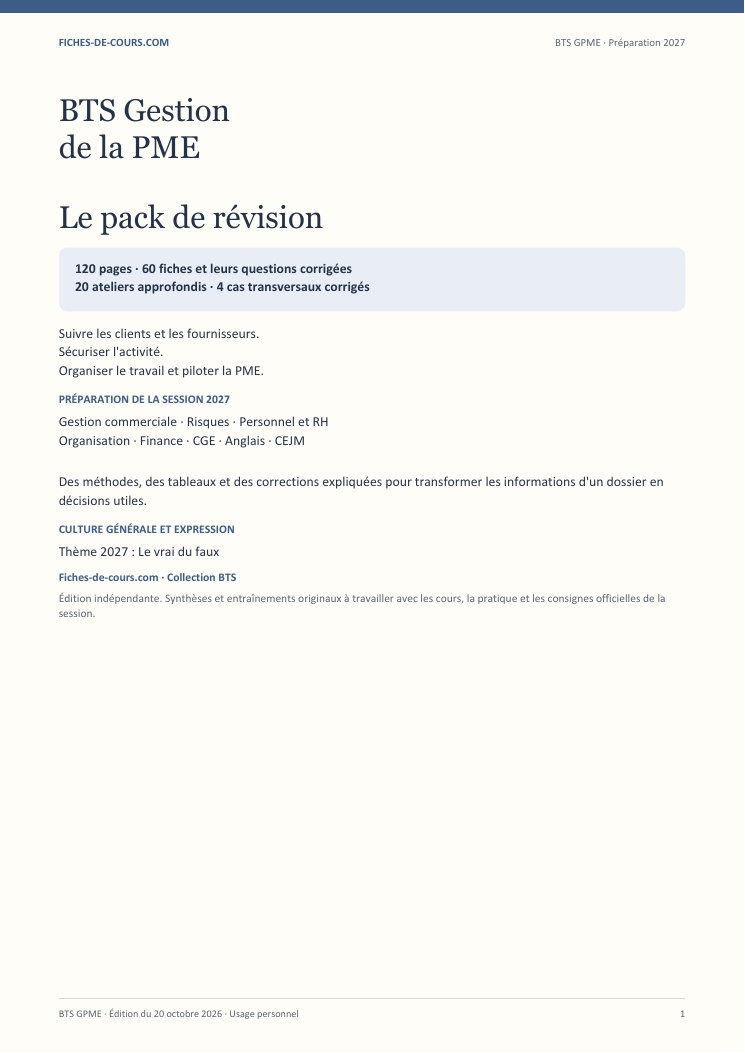 Couverture du pack BTS Gestion de la PME 2027, 120 pages de fiches et corrigés