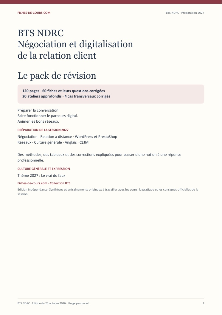Couverture du pack BTS NDRC 2027, 120 pages de fiches et corrigés