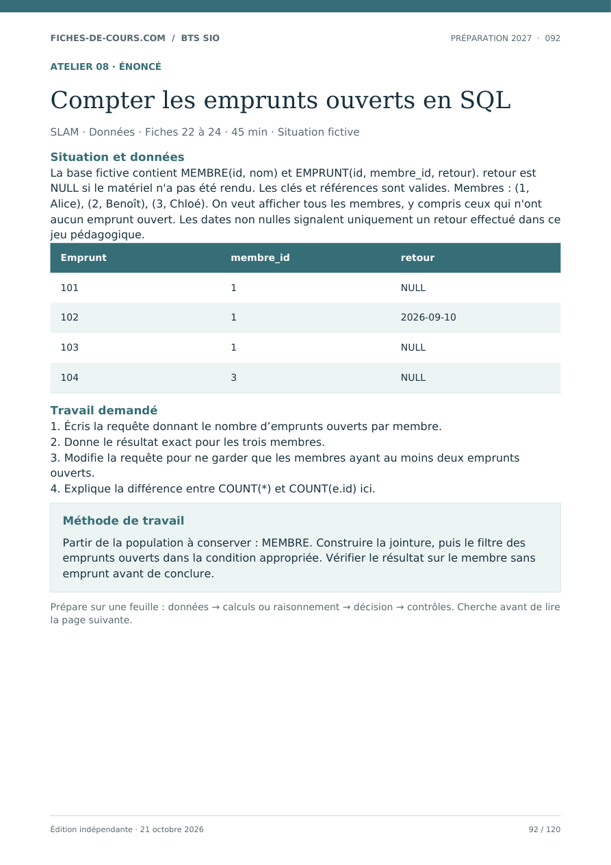 Atelier 8 : compter les emprunts ouverts en SQL, énoncé page 92