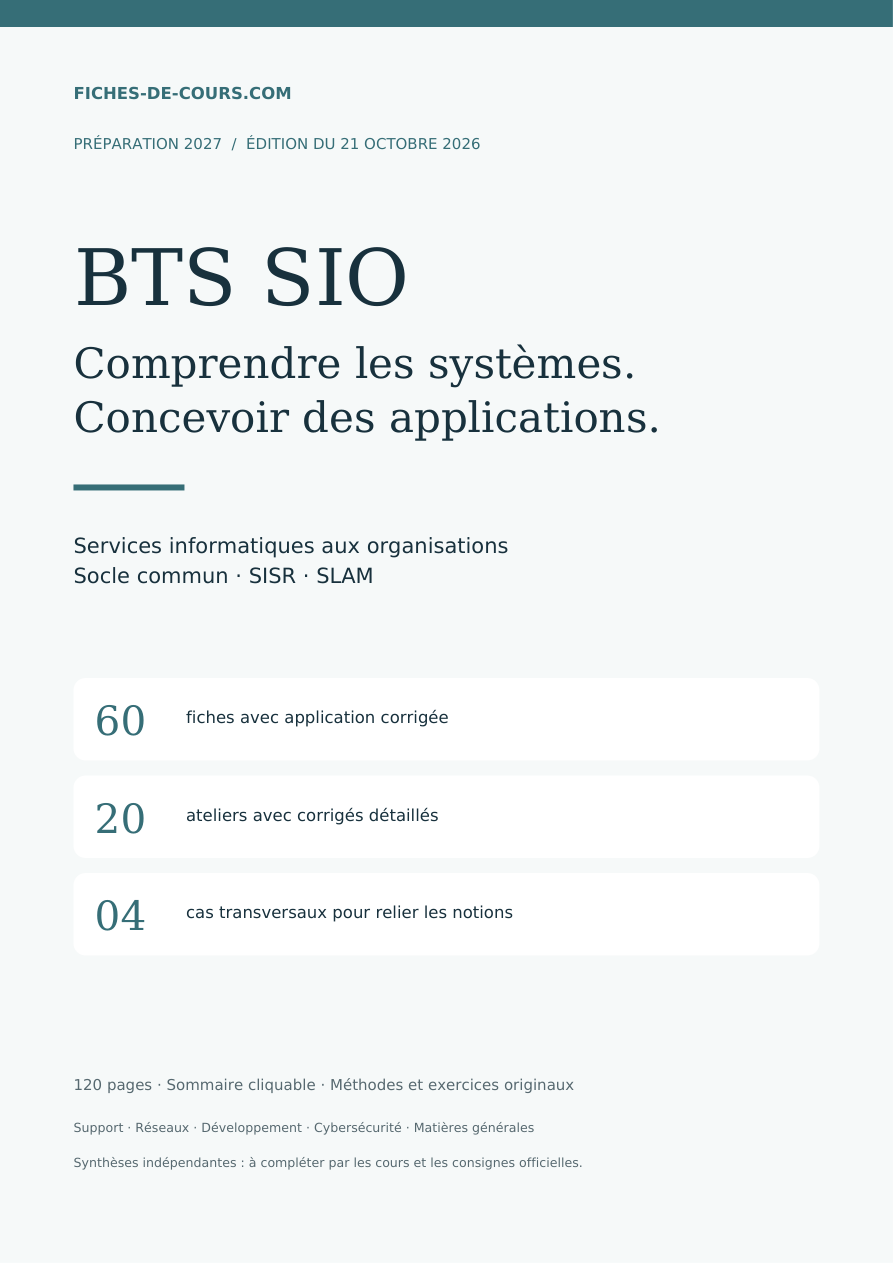 Couverture du pack BTS SIO 2027 : SISR et SLAM, 60 fiches, 20 ateliers et 4 cas corrigés