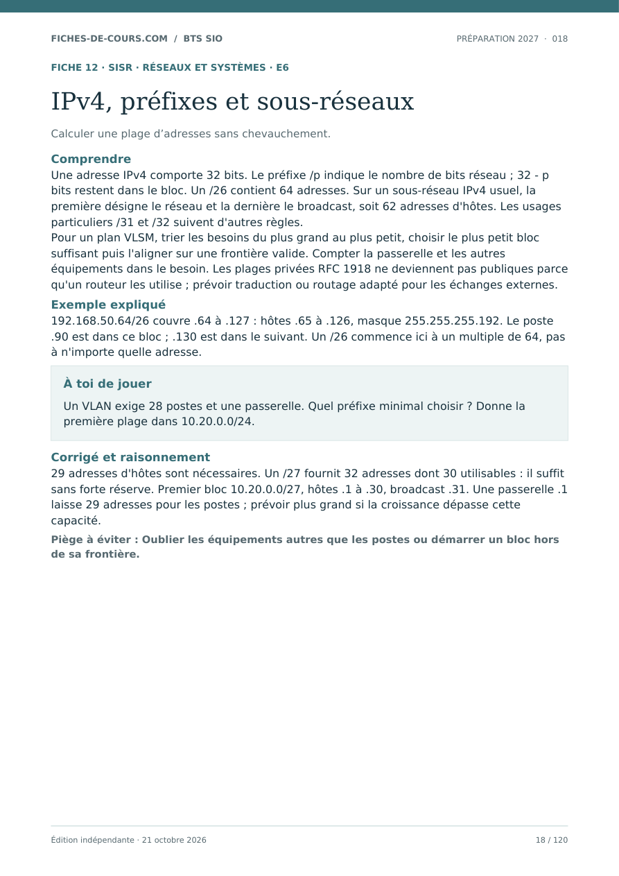 Fiche 12 : IPv4, préfixes et sous-réseaux, page 18