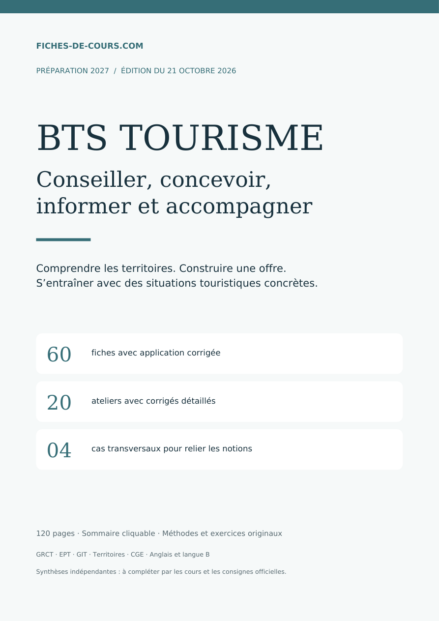 Couverture du pack BTS Tourisme 2027 : 60 fiches, 20 ateliers et 4 cas corrigés