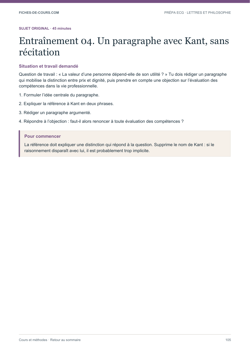 Énoncé d’un entraînement pour rédiger un paragraphe avec Kant