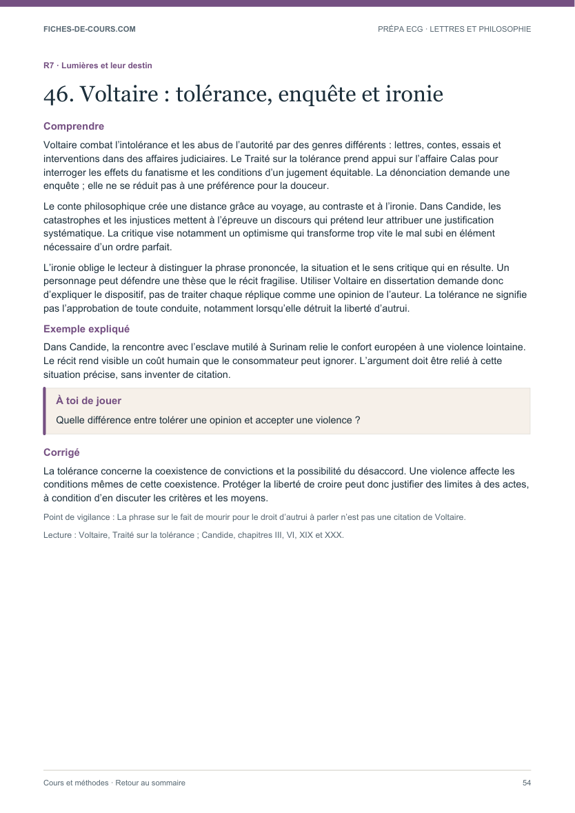 Fiche sur Voltaire : tolérance, enquête et ironie, avec une application corrigée
