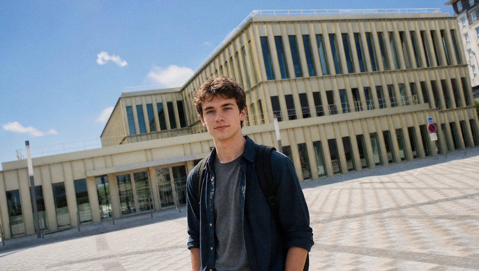Un jeune homme avec un sac à dos devant l’entrée d’un campus.